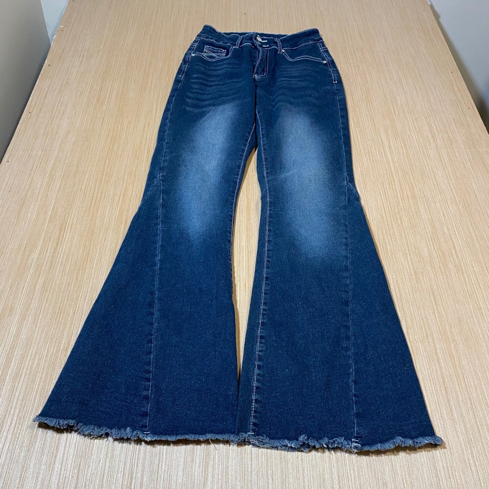 Dark Wash High Waisted Flare Jeans Wide Leg Bell Bottom Raw Hem Blue Women